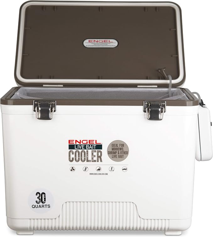 Engel Live Bait Cooler Box with 2nd Gen 2-Speed Aerator Pump - Portable Fishing Station & Minnow Bucket for Shrimp & Other Live Fish with Aerator - ENGLBC-N