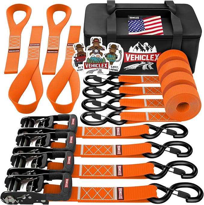 Vehiclex Motorcycle Ratchet Tie Down Straps with Soft Loops - 4PK Heavy Duty 1.5" x 8ft Kit, 4,400 lb Breaking Strength for Powersports, Orange