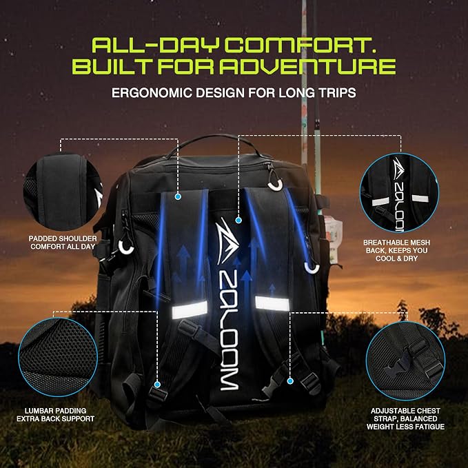 Waterproof Fishing Backpack with Tackle Boxes, Rod Holder & Foldable Net - 40L Fishing Tackle Bag with Trays Included, Extra Storage Gear and Equipment, Rain Cover, Fisherman Gift for Men
