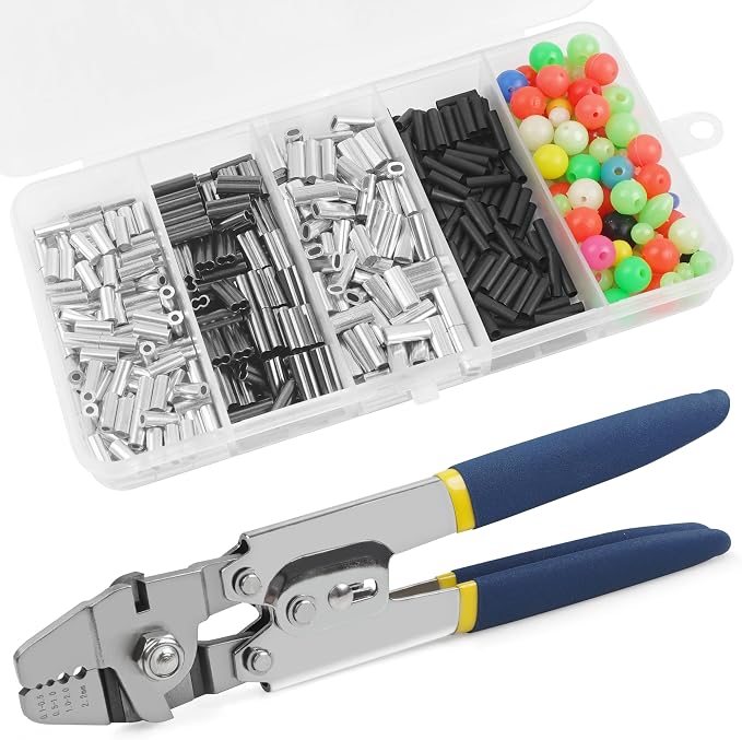 Fishing Crimping Tool Kit Fishing Crimping Pliers Stainless Steel Wire Crimping Tool with 500pcs Crimp Sleeves Set, 4 Size Crimp Sleeves Fishing Tackle Pliers