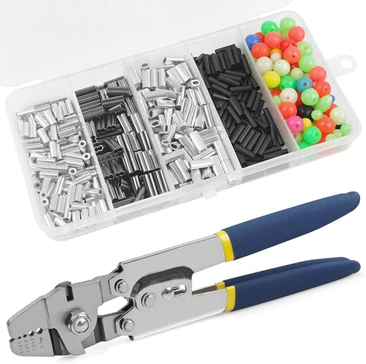 Fishing Crimping Tool Kit Fishing Crimping Pliers Stainless Steel Wire Crimping Tool with 500pcs Crimp Sleeves Set, 4 Size Crimp Sleeves Fishing Tackle Pliers