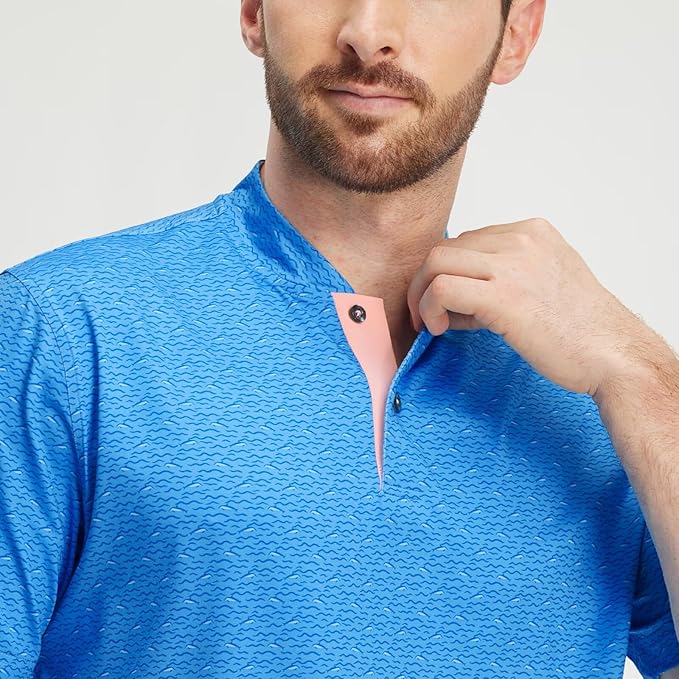 M MAELREG Golf Shirts for Men Collarless Performance Dry Fit Stretch Henley Casual Printed Mens Polo Shirts Short Sleeve