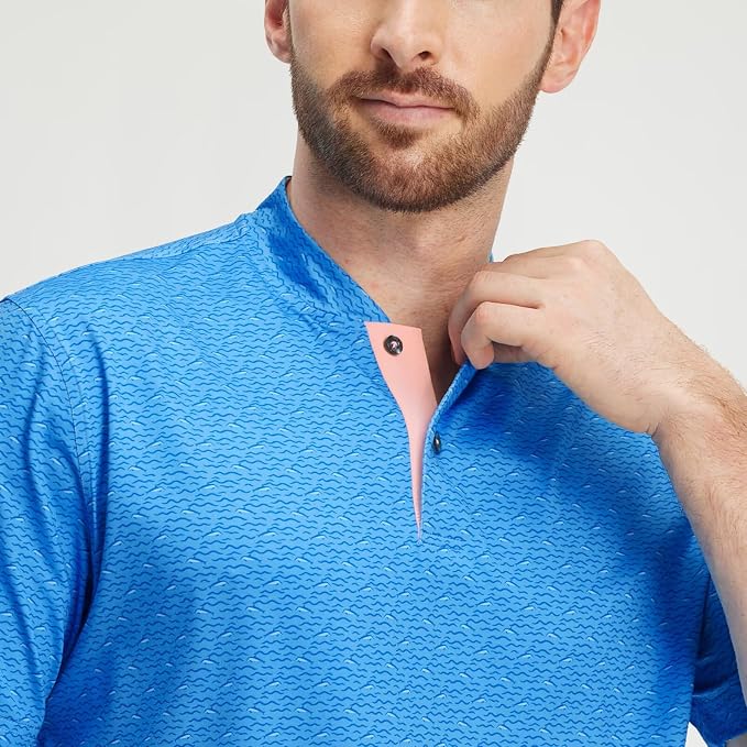 M MAELREG Golf Shirts for Men Collarless Performance Dry Fit Stretch Henley Casual Printed Mens Polo Shirts Short Sleeve