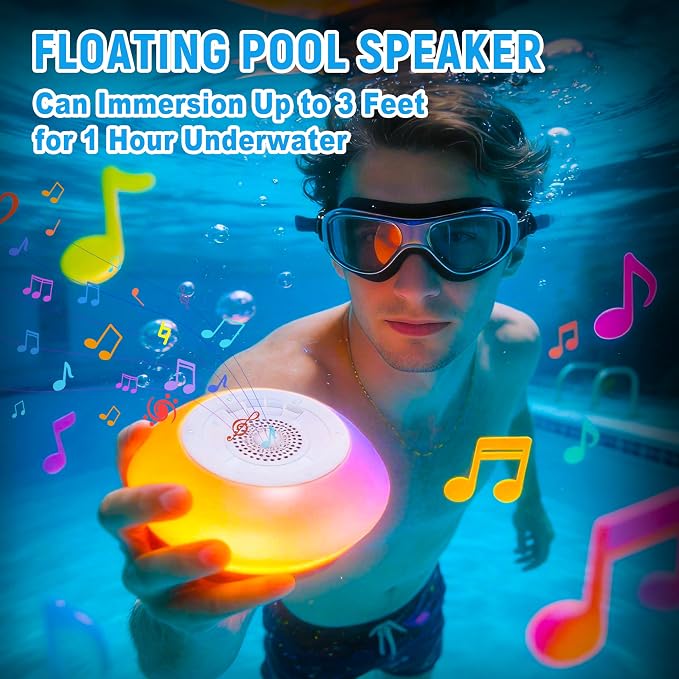 Floating Pool Speaker with Colorful Lights, IP68 Waterproof, Wireless Bluetooth, Built-in Mic, Surround Sound, for Outdoor Use and Hot Tubs (2pcs White)