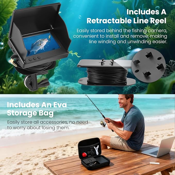 Underwater Fishing Camera with 4.3" IPS HD Screen, Underwater Viewer with 360° Rotating Lens, IR Night Vision, 5000mAh 10H Runtime, IP68 Waterproof Ice Fishing Camera for Lake Boat Kayak