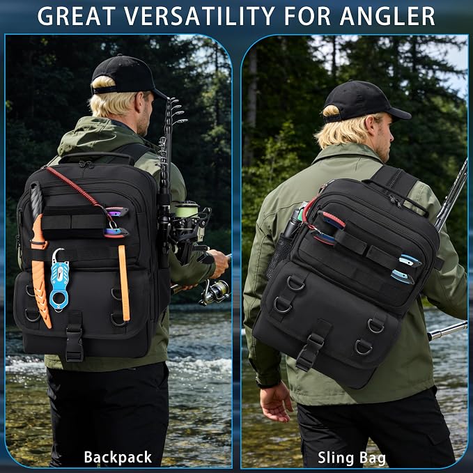 Fishing Backpack with Tackle Boxes,Fishing Sling Tackle Bag with Rod Holder Waterproof Fishing Bag with Fishing Gear, Fishing Gifts for Men Women Gear Combo Kit,Black