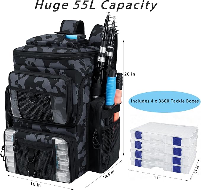 Fishing Backpack with 4 Tackle Boxes, 55L Large Tackle Box Backpack with 4 Rod Holders, Waterproof 900D Tackle Backpacks with Cooler & Clear Gear Windows, Fishing Gifts for Men Women,Camouflage Black