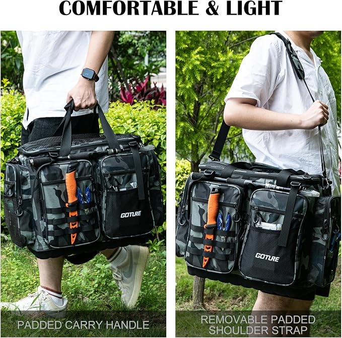 Goture Large Tackle Bag,Store Up to 8PCS 3700 Plus 4PCS 3600 Tackle Trays(Not Included),Water Resistant Saltwater Gear Storage Big Fishing Bag with EVA Bottom,Gifts for Men(21.65"x11.8"x15.16")-Camo
