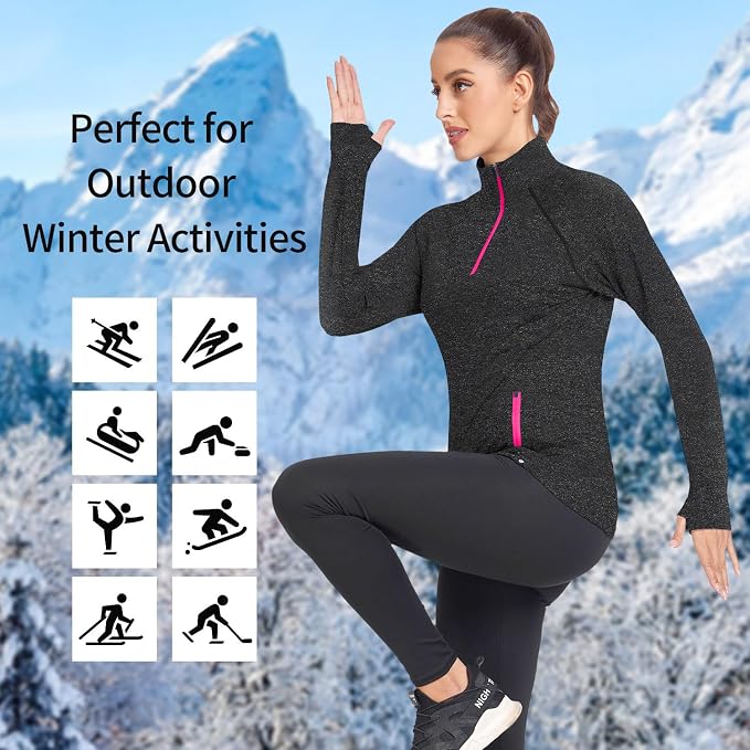 Soneven Women's Thermal Fleece Running Shirts Warm Winter Pullover Cold Weather Workout Hiking Tops with Thumb Holes Pockets