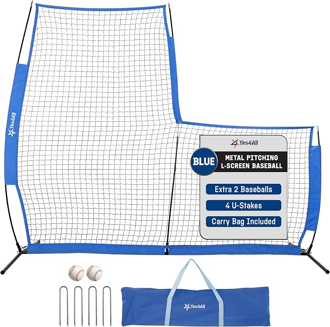 Portable L-Screen Baseball 7x7ft with 2 Baseballs, Rubber Wheels - L Screen Baseball for Batting Cage, Protective Pitching Screen Net Double Layers, Carry Bag Included