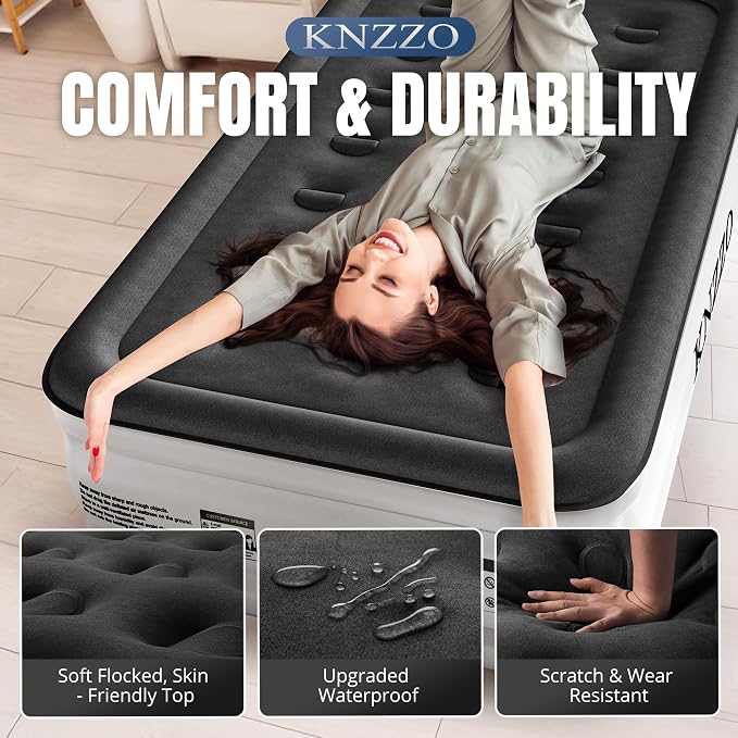 KNZZO Twin Air Mattress with Built-in Pump, 18" Top Inflatable Mattress with Waterproof Flocking Fabric, Three-Minute Quick-Inflatable Bed. Portable Blow Up Mattress for Home, Outdoor and Guests