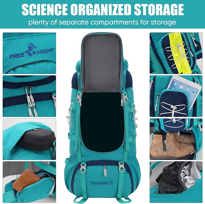 Bseash 70L (65+5) Waterproof Hiking Camping Backpack with Rain Cover, Outdoor Sport Travel Daypack for Climbing Touring (Blue Green)