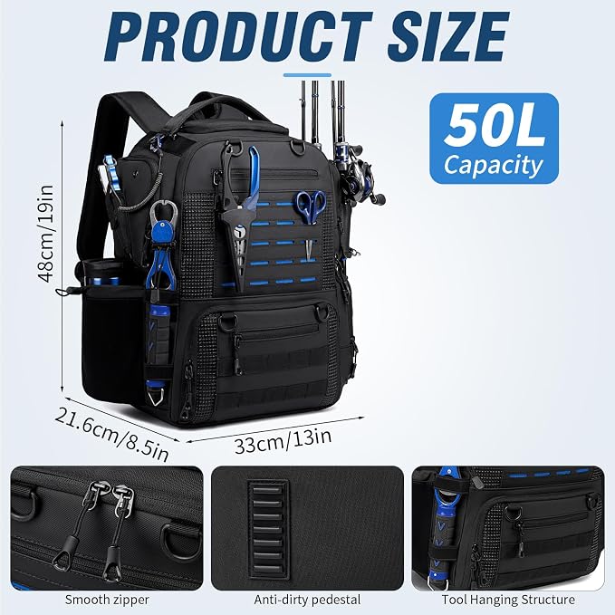 Fishing Tackle Backpack with 2 Rod Holders, Multi-Pocket Tactical Bag with Bottle Holder, 50L Large Storage Bag for Fishing Gear and Equipment, Black