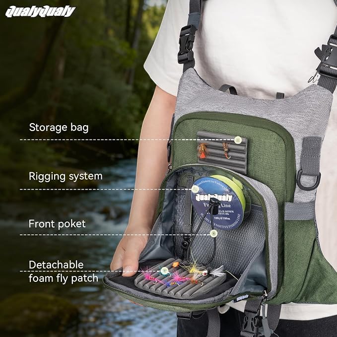QulayQualy Fly Fishing Pack - Chest Pack with Work Station Lightweight Tackle Fishing Bag with Quick-Release (Green, L-12'' w/Cup Sleeve)