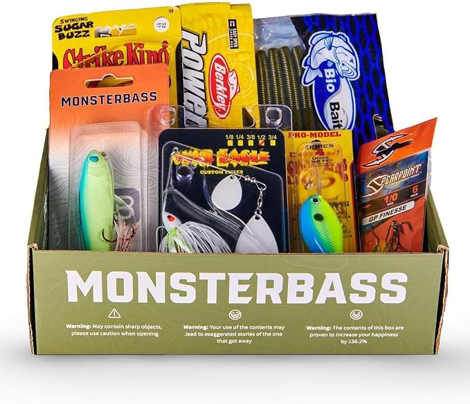 MONSTERBASS Fishing Mystery Box, Freshwater Bass Fishing Kit with 7+ Lures | Biggest Tackle Mystery Box with Premium Gear for Catching Smallmouth and Largemouth Bass on Every Fishing Trip