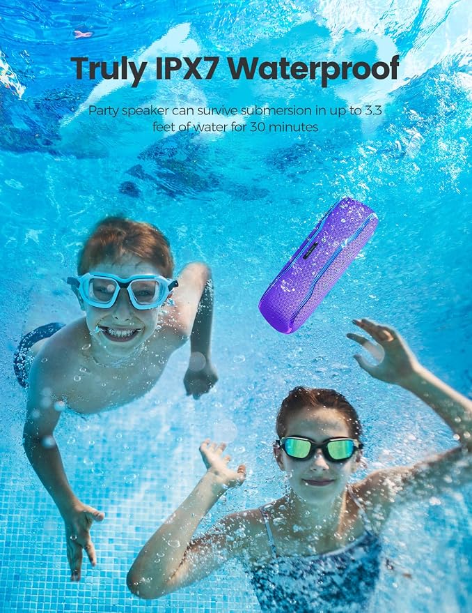 ERKEI SEHN Bluetooth Speaker, IPX7 Waterproof Wireless Speakers, Flashing Light, 25W Super Bass, 24H Playtime, Graduation Birthday Gifts for Him, TWS Pairing, Beach Essentials, Purple