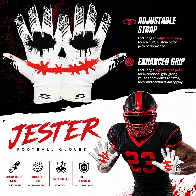Jester Football Receiver Gloves White – White with Red Joker Smile Battle College Lineman Tacky Pro Grip Palms Football Gloves Men Adult Youth Kids Boys Unleash Your Venom