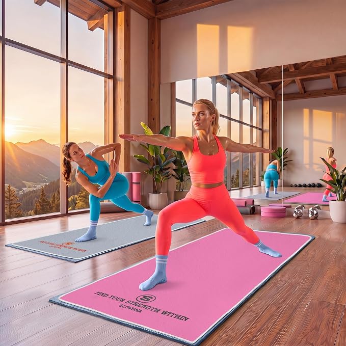 2 Pack Upgraded Yoga Mat Towel with Bonus Grip Socks Elegant Embroidered, 1-Second Sweat Absorption & Non-Slip | Machine Washable Microfiber | Hot Yoga, Pilates | 73''*27.6''| Gray+Pink