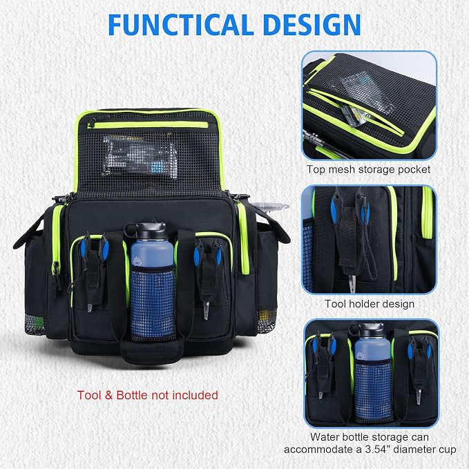 Goture Large Tackle Bag,600D Water Resistant Saltwater Fishing Gear Bag with IPX5 EVA Bottom,SBS Zippers,Store Up to 6PCS 3700 Plus 3PCS 3600 Tackle Trays(Not Included),Fishing Gifts for Men-Black