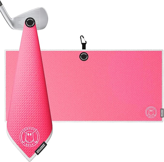 Ghost Golf Magnetic Towel (Caddie) - Premium Ultra-Absorbent Microfiber Golf Towel with Magnet for Golf Carts or Clubs - 18" x 40" Golfing Gear - Waffle Weave Pattern (Hot Pink)