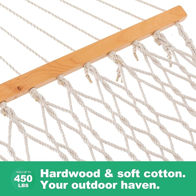 GAFETE 12ft Double Hammocks for Outside, Handwoven Traditional Cotton Rope 2 Person Hammock with Hardwood Spreader Bar, Chains & Hooks for Indoor Outdoor, Max 450 lbs Capacity (Natural Beige, Medium)