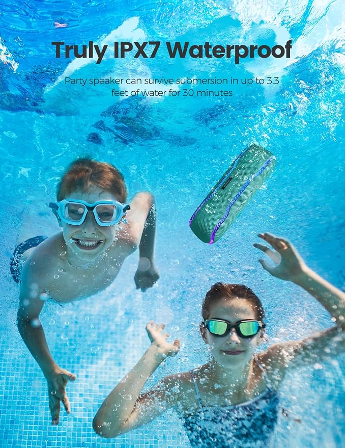 ERKEI SEHN Bluetooth Speaker, IPX7 Waterproof Wireless Speakers, Flashing Light, 25W Super Bass, 24H Playtime, Graduation Birthday Gifts for Him, TWS Pairing, Beach Essentials, Grass Green