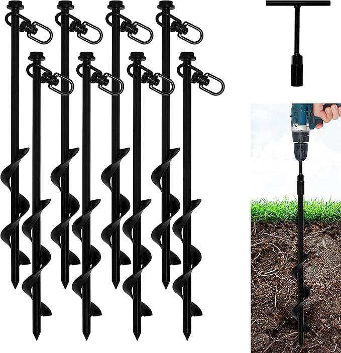 16” Ground Anchors (8pcs) Easy to Use with Drill, Heavy Duty Anchor Hook for Camping Tent, Canopies, Car Ports, Sheds, Swing Sets, Securing Animals – Black Powder Coated