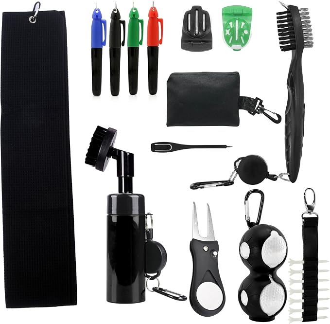 23P Golf Essentials Kit -Golf Green Fork, Golf Brush,Accessory Pack, Golf Towel, Golf Club Brush, Golf Ball Marker, Divot Repair Tool, Golf Ball & Golf Tee Holder,Golf Gifts for Men