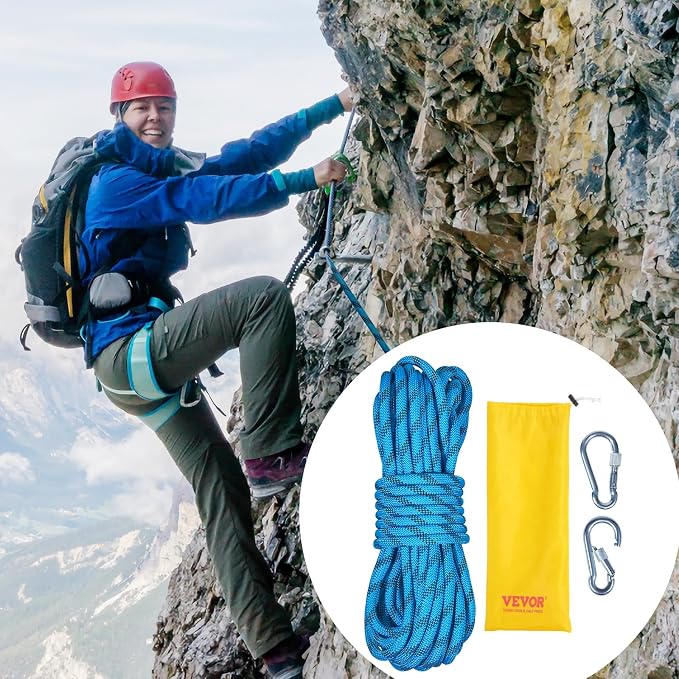 VEVOR Static Climbing Rope, 32 ft Outdoor Rock Climbing Rope with 26KN Breaking Tension, 0.4'' /10 mm High Strength Safety Rope, Escape Rope with 2pcs Carabiner and Storage Bag