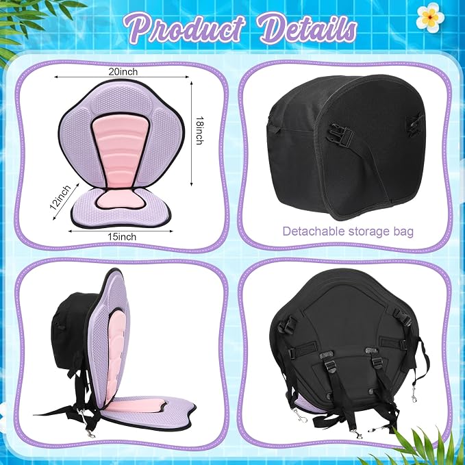 Vinsot Kayak Seat Cushion Universal Paddle Board Seat with Back Support Adjustable Non Slip Boat Chair Seats with 4 Straps and Storage Bag for Kayak Boat Sup Canoe