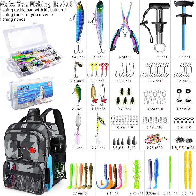 Fishing Backpack with Tackle Boxes and Rod Holder, 24L Fishing Sling Bag with Fishing Lures Kit, Fishing Gear Bag Gifts for Men Women - Gray Camo Backpack