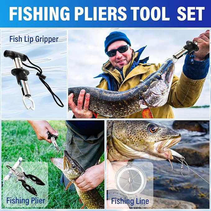 Patelai Fishing Gift Set for Men Dad Fishermen, 12 oz Insulated Tumbler, Fillet Knife, Fishing Pliers, Lanyard, Tackle Box, Fish Lip Gripper, Fish Lures, Socks, Line(Blue,Style 1)