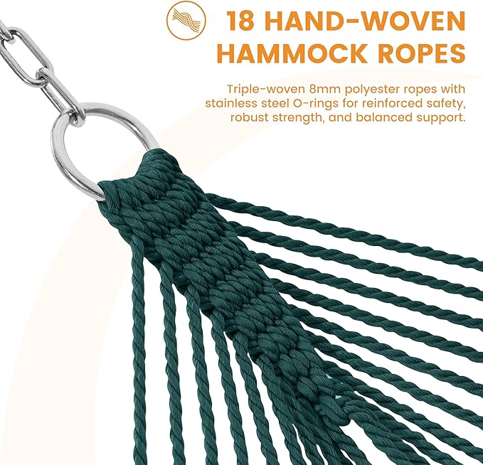 Lazy Daze Hammocks 10.5 FT Double 2 Person Caribbean Rope Hammock, Hand Woven Polyester Hammock with Spreader Bars, for Outside Outdoor Backyard Patio Poolside, 450 LBS Capacity, Green