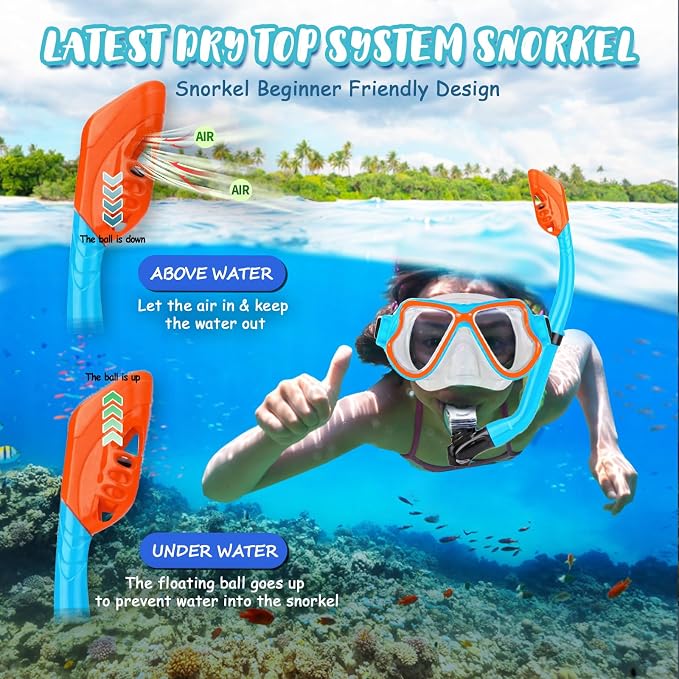 Snorkeling Gear for Kids, 4 in 1 Child Mask Fins Snorkel Set with Panoramic View Anti Fog Mask, Dry Top Snorkel, Trek Fins and Travel Bag, Kids Snorkeling Set with Fins for Snorkeling Swimming