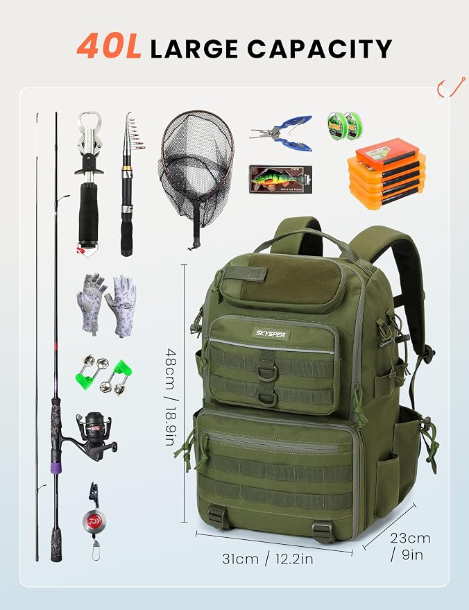 SKYSPER Tackle Backpack Fishing Bags with Rod Holder, 40L Water-Resistant Tackle Box Storage Bag for Fishing Gear Lures(Armygreen)