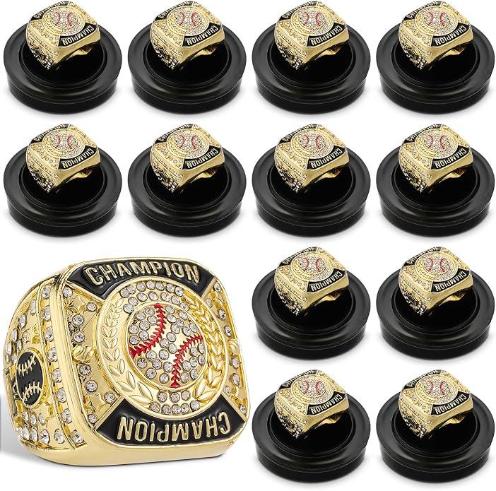 Landical 12 Pcs Baseball Championship Rings Ball Games Championship Trophy Rings Sport Ball Award Gift with Display Neck Chain and Stand for Tournament or Champion Winner