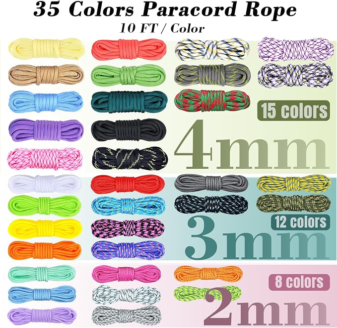 WEREWOLVES Paracord Bracelet Jig Kit - 4MM, 3MM, 2MM Parachute Combo Kit, 10FT Rope Complete Accessories and Paracord Jig Bracelet Maker (Luck, 10FT-35 Color)