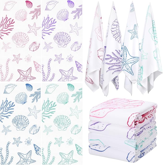 Tegeme 4 Pack Coastal Seashell Microfiber Thin Beach Towel Lightweight 71x36 Oversized Extra Large Sand Free Towels Quick Dry for Travel Pool Yoga Sports Beach Accessories Vacation Essential Gift