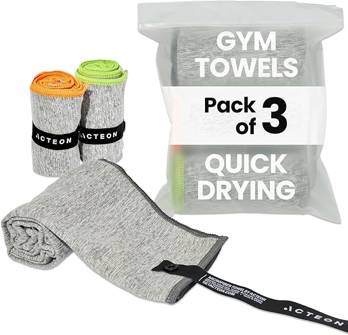 Acteon Microfiber Quick Dry Gym Towel, Silver ION Odor-Free Mega Absorbent Fiber Fast Drying Men Women Workout Gear for Body Sweat, Camping, Working Out Travel Towels – 3 Pack, 30x16, Heather Grey