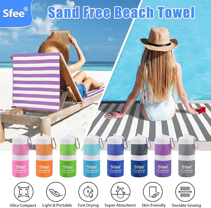 Sfee 2 in 1 Microfiber Beach Towel, Quick Dry Towel Camping Travel Towel Super Absorbent Compact Lightweight Sports Towel Gym Towels Set for Beach, Gym, Hiking, Pool, Backpacking, Bath, Yoga