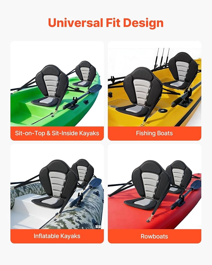 VEVOR Kayak Seat, Universal Paddle Board Seat with Adjustable Back Support, Multiple Thickness Options (0.5” to 2.6”), Soft Padded Cushion & Storage Bag for SUP, Canoe, Fishing Boat, Inflatable Kayak
