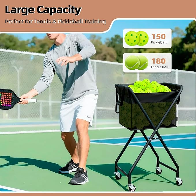 STORAGE MANIAC Foldable Tennis Ball Hopper Cart with Removable Ball Bag | Oxford & PVC Liner with Steel Frame, Holds 150 Balls, Portable Rolling Pickleball Training Cart, 20.7"L x 17.9"W x 35.8"H
