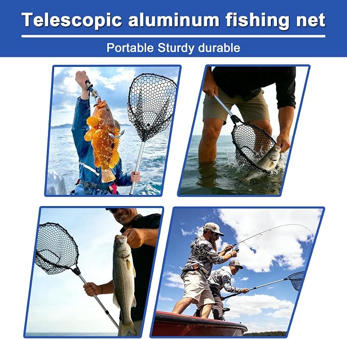 MASTERPRO Heavy-Duty Extendable Rubber Big Landing Nets, Maximum Load 44lbs, Silicone Fishing Net, with 47'' - 66'' Telescoping Aluminum Alloy Pole Handle for Saltwater Large Fish