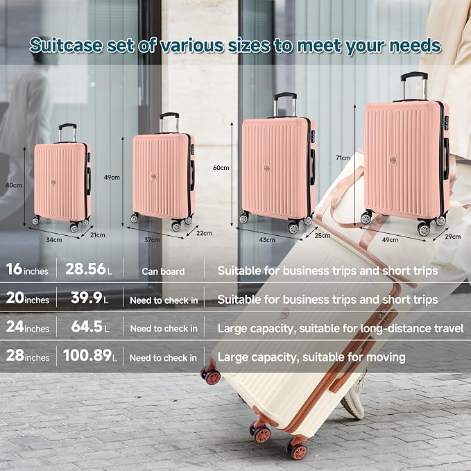 Hoteel 20Inch Luggage 3-piece Set, 360° Universal Suitcases with Wheels Hard Shell Suitcase with TSA Lock, Including Waterproof Luggage Bag, Travel Maletas for Men and Women,Pink