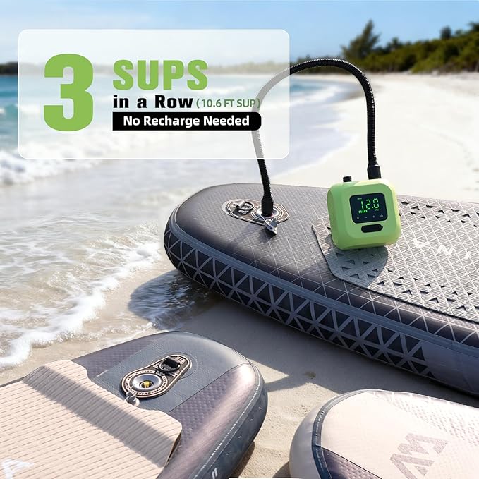 Electric SUP Air Pump with Battery, 20 PSI High Pressure Rechargeable Paddle Board Pump, Dual Stage Inflation, Auto Shut-Off for Kayak, Kite Wings, Tents & Air Mattresses