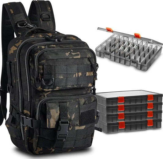 Fishing Tackle Backpack with Rod Holders and 4 Tackle Boxes Large Storage Fishing Bags Water Resistant Tackle Bag for Camping Hiking Travel Gear and Equipment(Camouflage,Shoulder Bag)