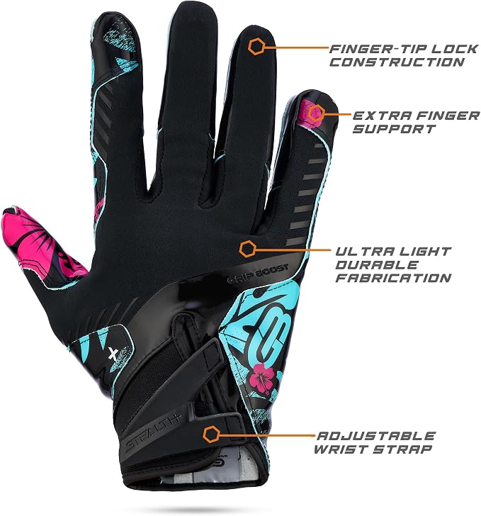 Grip Boost Football Gloves - Solid Stealth 6.0 Boost Plus Sticky Technology - Adult and Youth Football Gloves for Wide Receiver - Men's and Boys Sizes