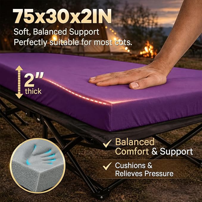 CYMULA Camping Cot Pad 2 Inch Memory Foam, Camping Pad for Folding Cot and Foldable Cot, Portable Roll Up Camp Gear for Car Camping Travel Tent, Non-Slip Waterproof Bottom, Removable Cover, Pad Only