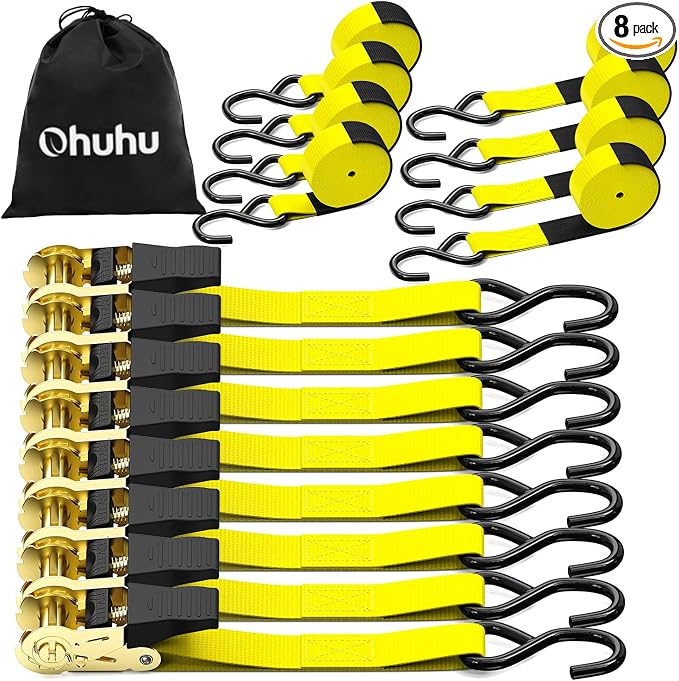 Ratchet Tie Down Strap 15 Ft - 500 lbs Load Cap with 1500 lbs Breaking Limit, Ohuhu Ratchet Tie Downs Logistic Cargo Straps for Moving Appliances, Motorcycle (Yellow, 8-Pack)