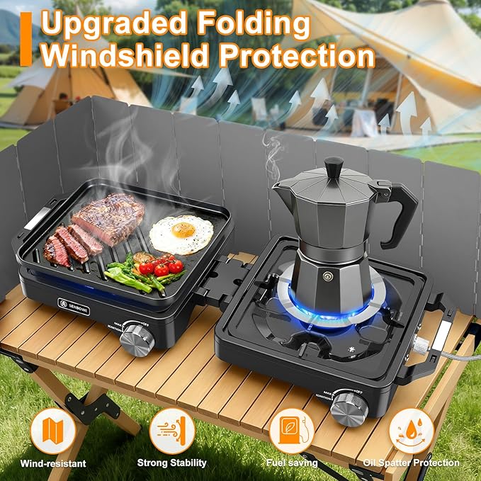 2-Burner Pro Camping Stove,24000 BTU Camp Stove,Foldable Propane Stove Includes Carry Bag,Windscreen Griddle, Portable Stove,Camping Essentials,Suitable For Outdoor Cooking,Tailgating,Grilling (Black)